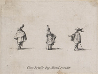 KG 10865
<br/>
Vrouw met opgeheven rok en twee mannen ("Fantasieën")
<br/>
<em>Callot, Jacques (1592 - 1635)</em>